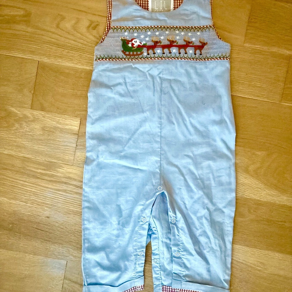 Light Blue Smocked Santa and Sleigh Overalls - Picture 4 of 7